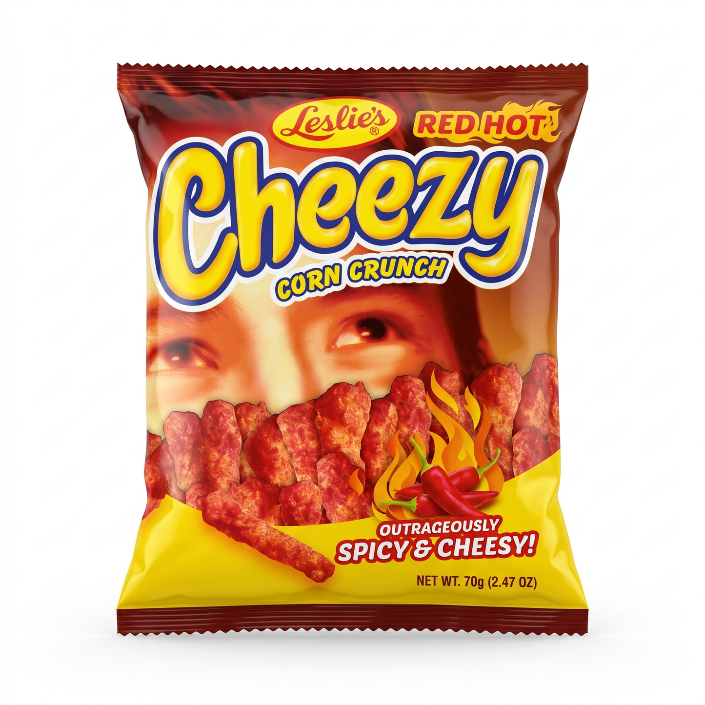 LESLIES CHEEZY CORN CRUNCH CHIPS 70G-RED HOT